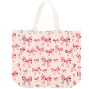 Large Canvas Beaded Pink Bow Tote Bag